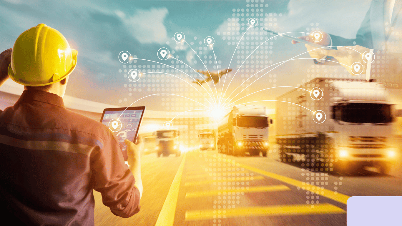 Logistics network with trucks and digital interface.