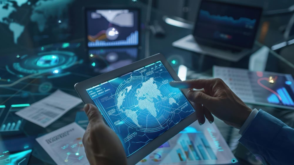Person analyzing global data on tablet screen.
