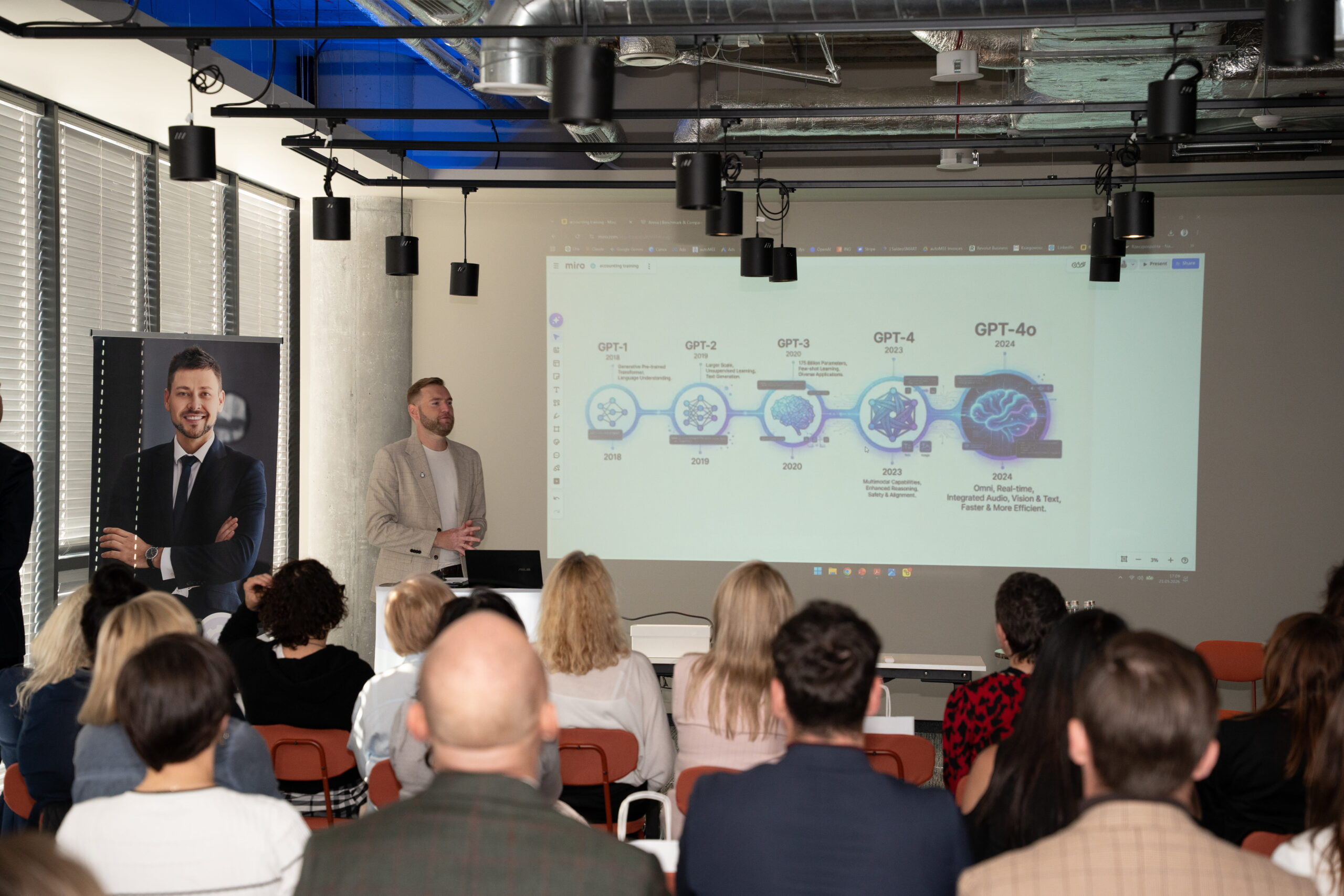 Man presenting AI development timeline to audience.